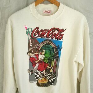 Vtg Coca Cola Graphic Sweatshirt Men's Med White Long Sleeve Pullover USA 90s